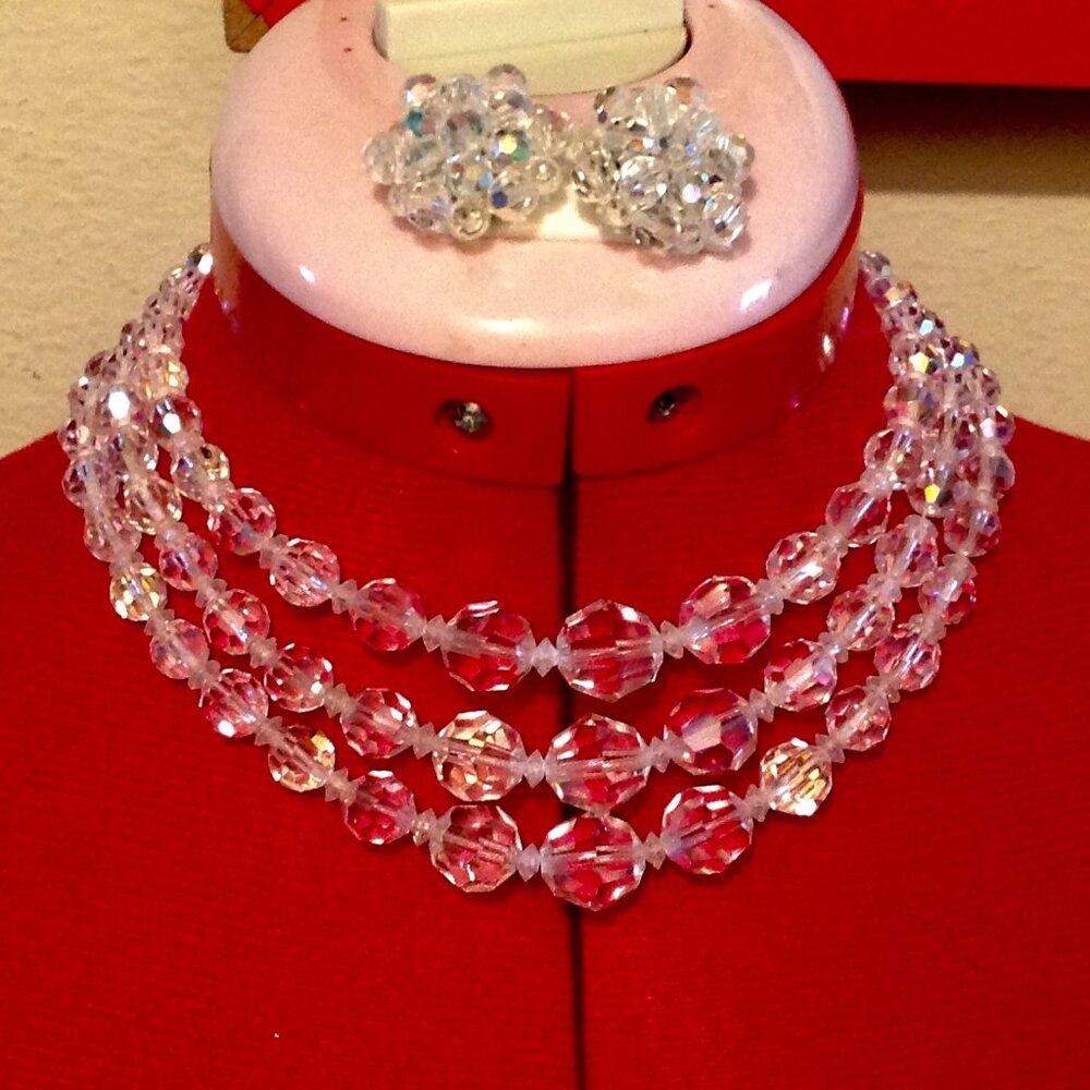 Vintage 3 Strand Glass Bead (Faux Crystal) Necklace & Clip Back Earrings